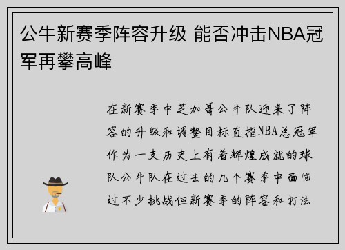 公牛新赛季阵容升级 能否冲击NBA冠军再攀高峰